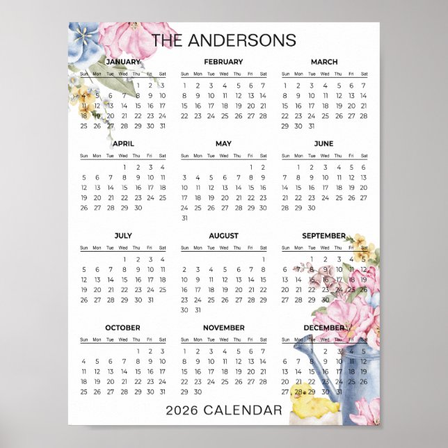 Affiche Calendrier floral simple mais élégant 2026 |  (Devant)
