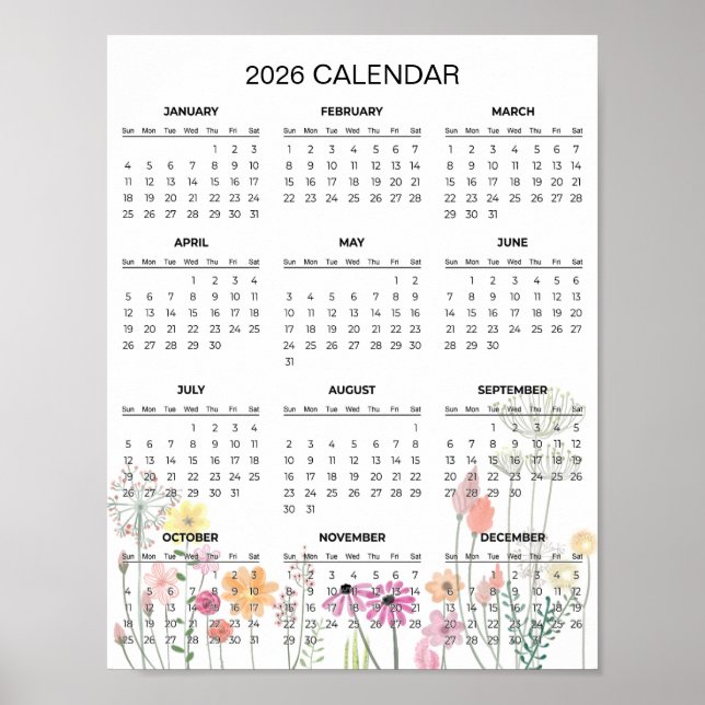 Affiche Calendrier floral simple mais élégant 2026 |  (Devant)