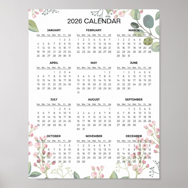 Affiche Calendrier floral simple mais élégant 2026 |  (Devant)