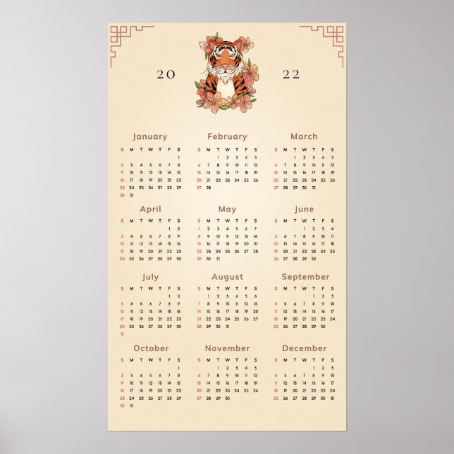 Affiche Calendrier Floral Tigre Nouvel An Chinois 2022 Sab (Devant)