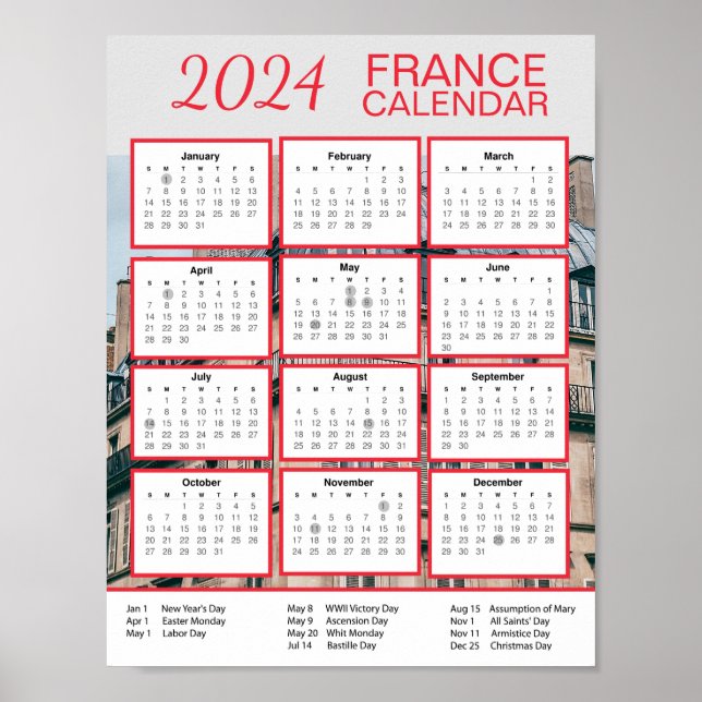 Affiche Calendrier France 2024 en anglais Télécharger Pdf  (Devant)