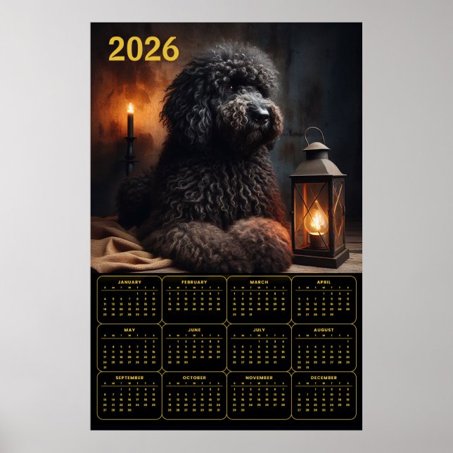 Affiche Calendrier Goldendoodle 2026 avec Lanterne et Boug (Devant)