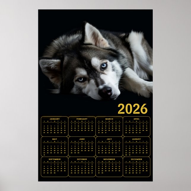 Affiche Calendrier Husky sibérien 2026 (Devant)