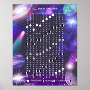 Affiche Calendrier lunaire 2027 dans des galaxies colorées