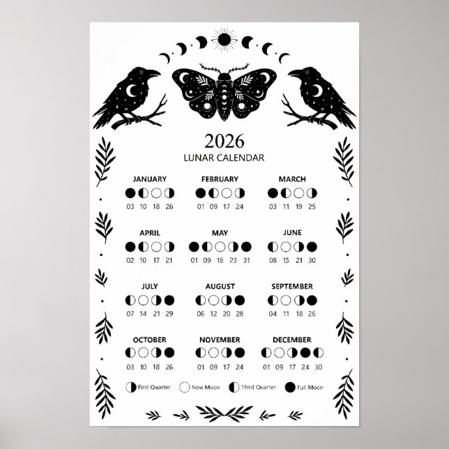 Affiche Calendrier Lunaire Moth Sorcellerie Corbeau Célest (Devant)