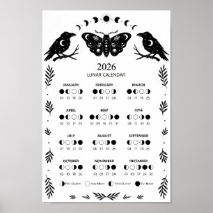 Affiche Calendrier Lunaire Moth Sorcellerie Corbeau Célest
