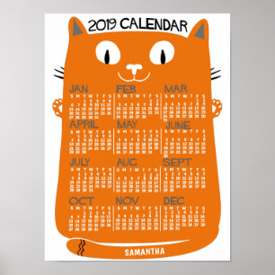 Affiche Calendrier mensuel 2019, style mi-siècle, chat ora