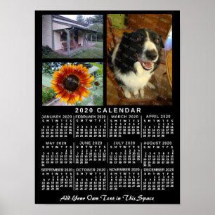 Affiche Calendrier mensuel 2020 noir personnalisé avec 3 p