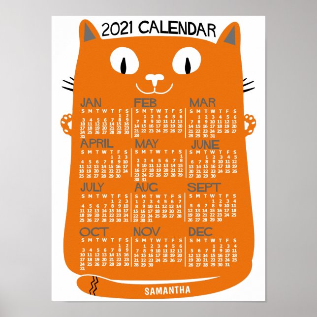 Affiche Calendrier mensuel 2021 Chat Orange Mid-Century (Devant)