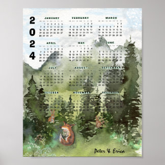 Affiche Calendrier mensuel 2024 Aquarelle de forêt