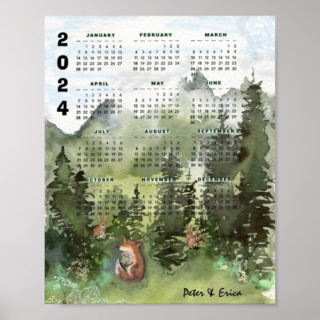 Affiche Calendrier mensuel 2024 Aquarelle de forêt (Devant)