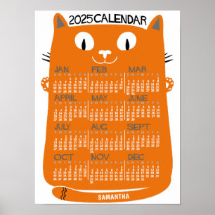 Affiche Calendrier mensuel 2025 Chat Orange Mid-Century
