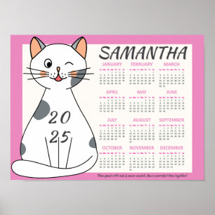 Affiche Calendrier mensuel 2025 Mignon Rose Chat Blanc Lud