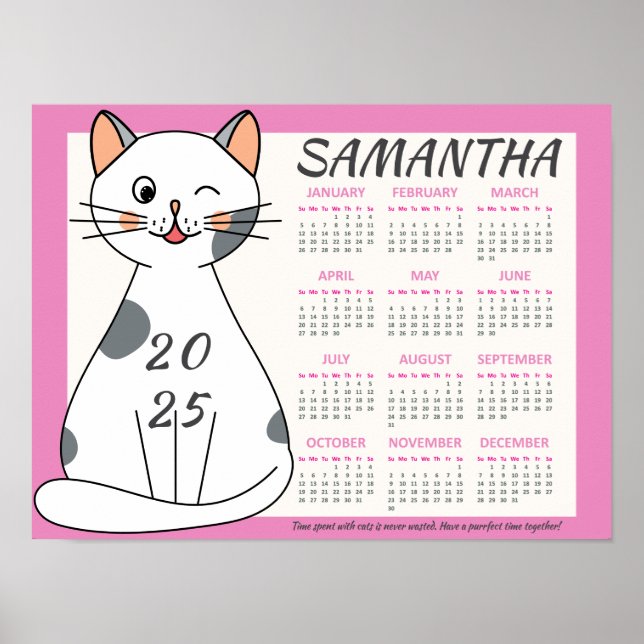 Affiche Calendrier mensuel 2025 Mignon Rose Chat Blanc Lud (Devant)