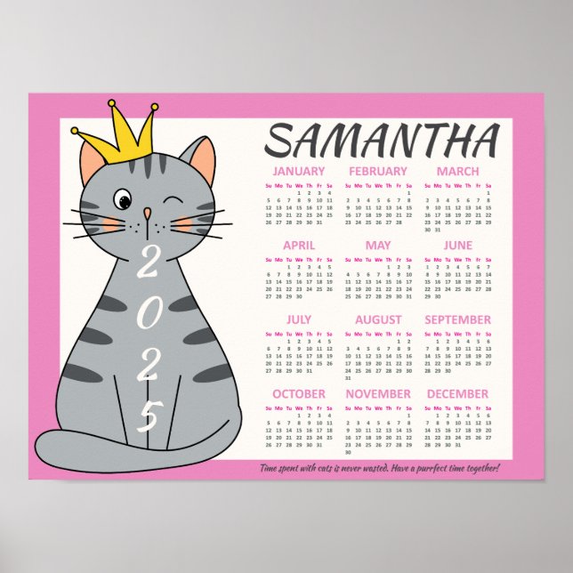 Affiche Calendrier mensuel 2025 Rose mignon Nom Chat joueu (Devant)