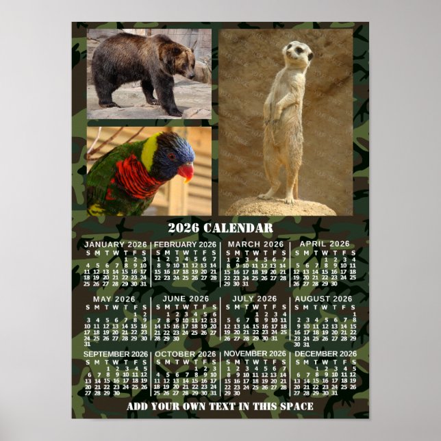 Affiche Calendrier mensuel 2026 Camouflage Ajouter 3 Photo (Devant)