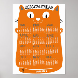 Affiche Calendrier mensuel 2026 Chat orange milieu du sièc