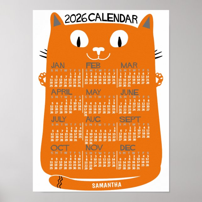 Affiche Calendrier mensuel 2026 Chat orange milieu du sièc (Devant)