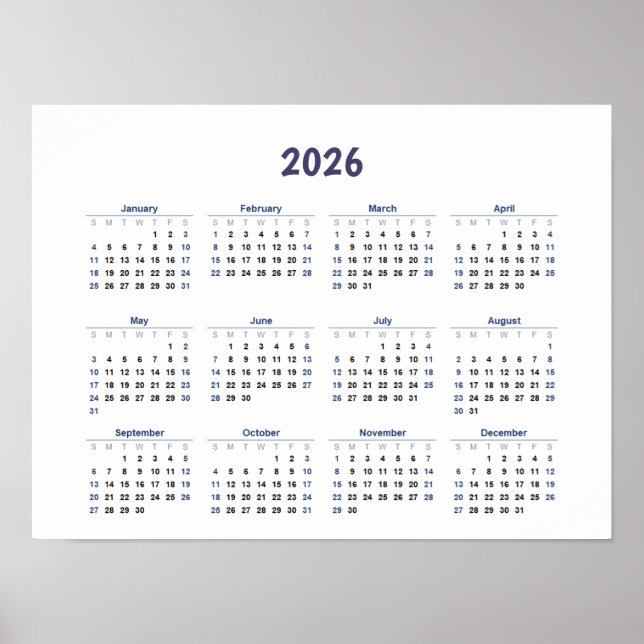 Affiche Calendrier Mensuel Annuel 2026 Tous les Jours  (Devant)