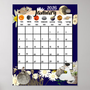 Affiche Calendrier mensuel astrologique de janvier 2026
