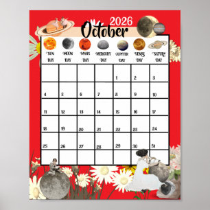 Affiche Calendrier mensuel astrologique d'octobre 2026