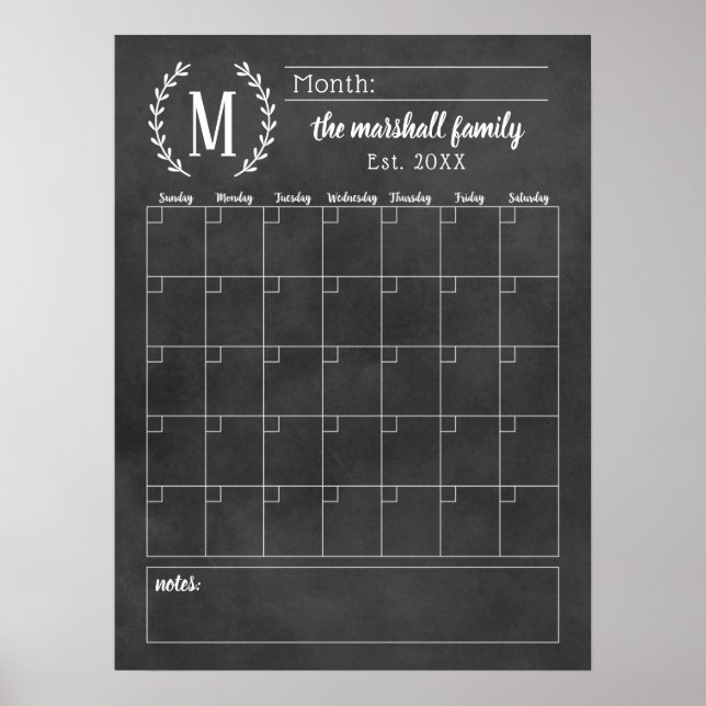 Affiche Calendrier mensuel de famille à monogramme sur tab (Devant)