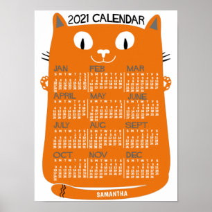 Affiche Calendrier mensuel de l'année 2021 Chat orange mil