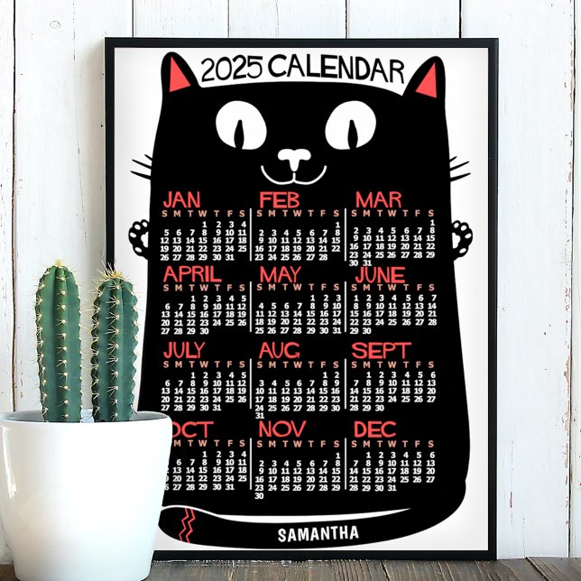 Affiche Calendrier mensuel de l'année 2025 Chat noir milie (Créateur téléchargé)