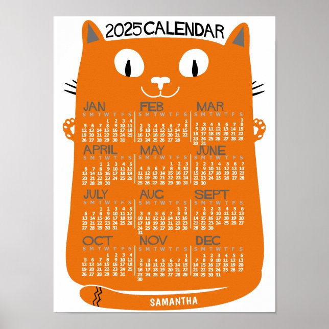 Affiche Calendrier mensuel de l'année 2025 Chat orange Mid (Devant)