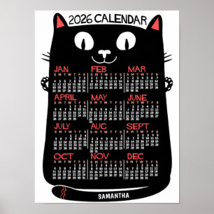Affiche Calendrier mensuel de l'année 2026 Chat noir milie