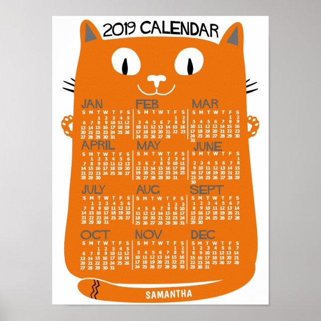Affiche Calendrier mensuel du milieu de siècle Orange Chat (Devant)