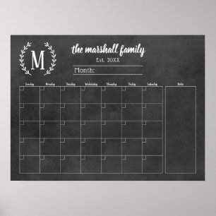 Affiche Calendrier mensuel familial à monogramme sur table