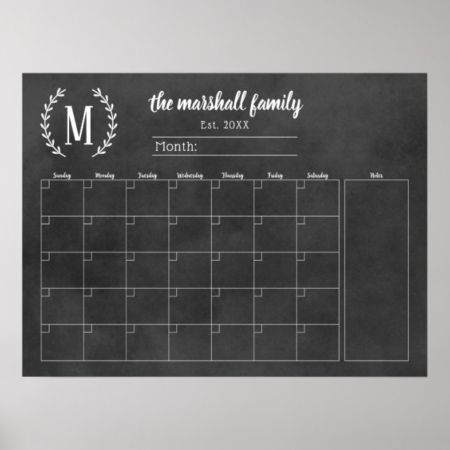 Affiche Calendrier mensuel familial à monogramme sur table (Devant)