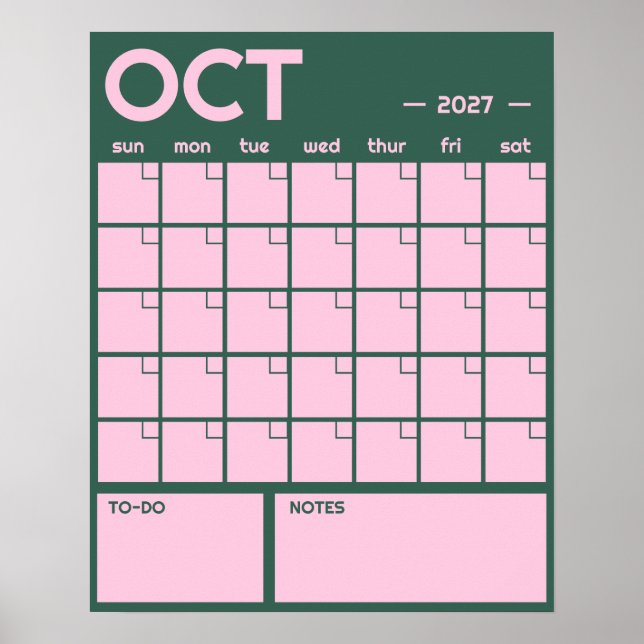 Affiche Calendrier Mensuel Mural Couleurs Vives Gras Sans  (Devant)