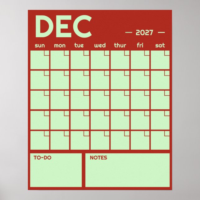 Affiche Calendrier Mensuel Mural Couleurs Vives Gras Sans  (Devant)