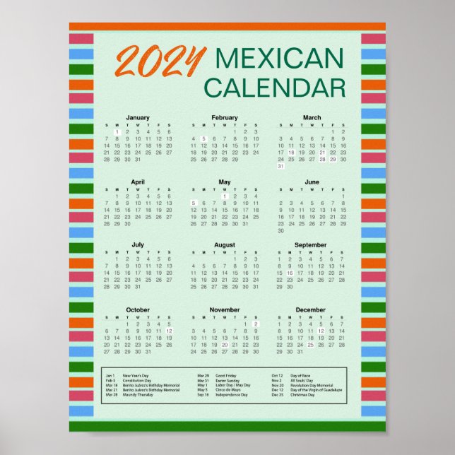 Affiche Calendrier mexicain 2024 avec jours fériés | Téléc (Devant)