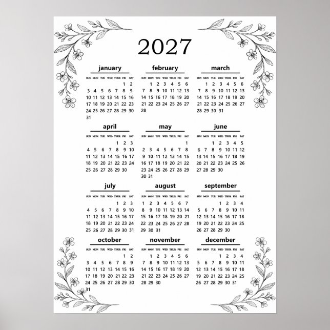 Affiche Calendrier Minimal Fleur Sauvage Botanique Floral  (Devant)