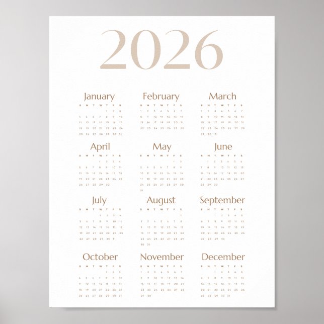 Affiche Calendrier minimaliste 2026 Beige Neutre Une Page (Devant)