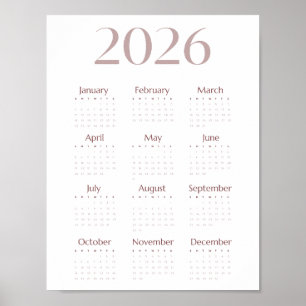 Affiche Calendrier minimaliste 2026 sur une seule feuille 