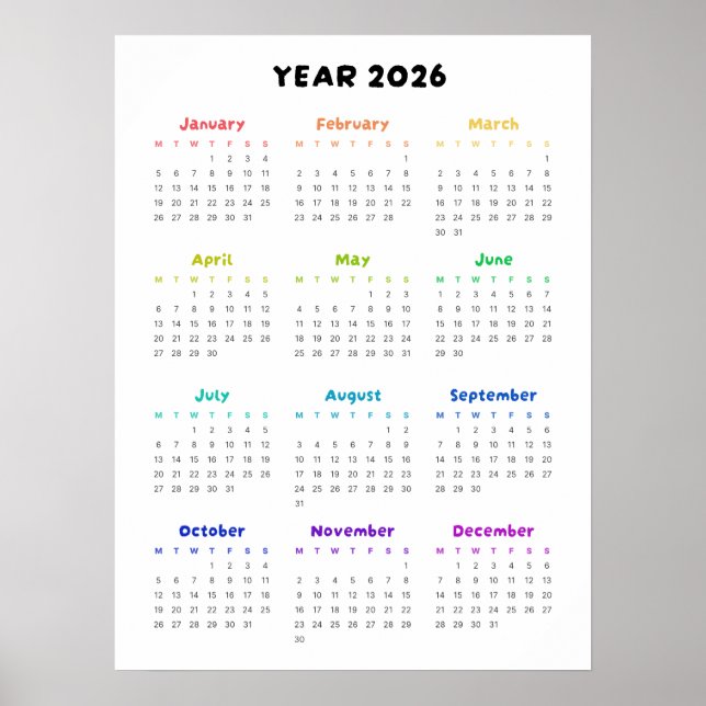 Affiche Calendrier minimaliste Arc-en-ciel 2026 (Devant)