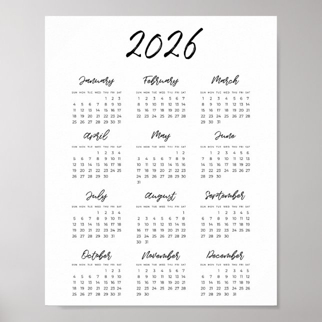 Affiche Calendrier moderne noir et blanc 2025 (Devant)