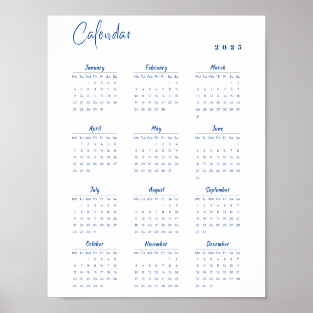 Affiche Calendrier Mur Minimaliste 2025 Bleu lundi - diman (Devant)