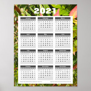 Affiche Calendrier mural 2021. Feuilles vertes