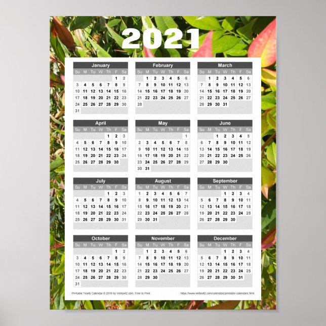 Affiche Calendrier mural 2021. Feuilles verts (Devant)