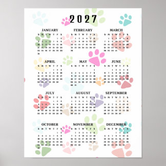 Affiche Calendrier mural 2027 Empreintes de pattes colorée