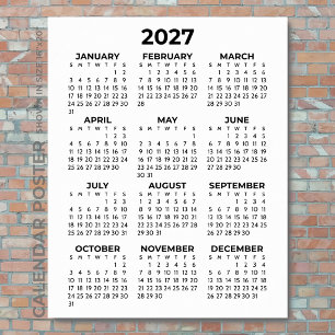 Affiche Calendrier mural 2027 Simple Basique Noir et Blanc