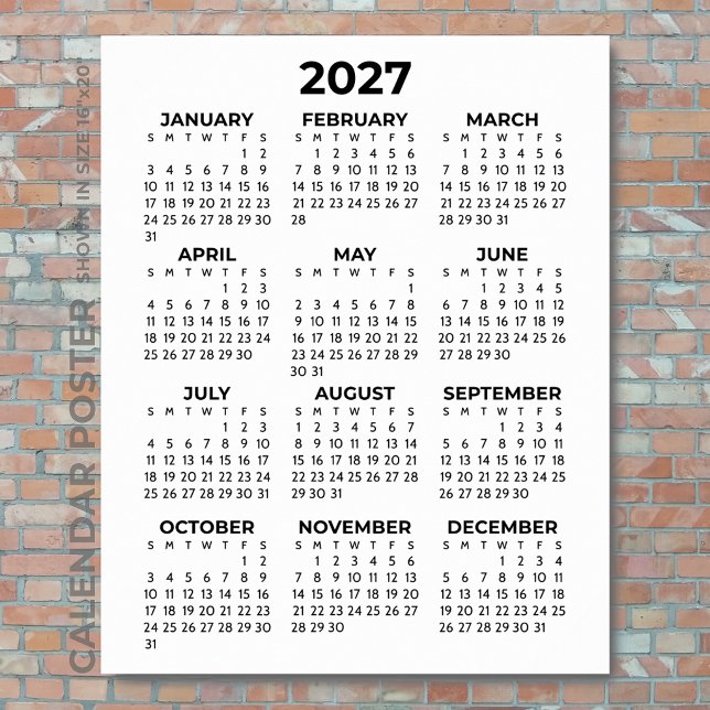 Affiche Calendrier mural 2027 Simple Basique Noir et Blanc (Créateur téléchargé)
