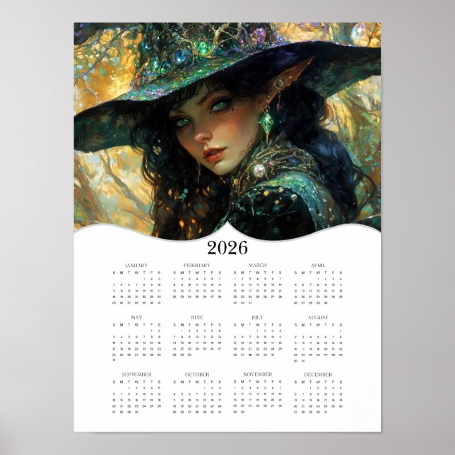 Affiche Calendrier mural annuel complet de sorcière 2026 (Devant)