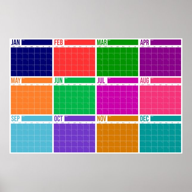 Affiche Calendrier mural annuel non daté en couleur gras (Devant)