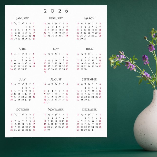 Affiche Calendrier mural annuel pour le bureau à domicile  (2026 Full Year Home Office Yearly Wall Calendar Poster)
